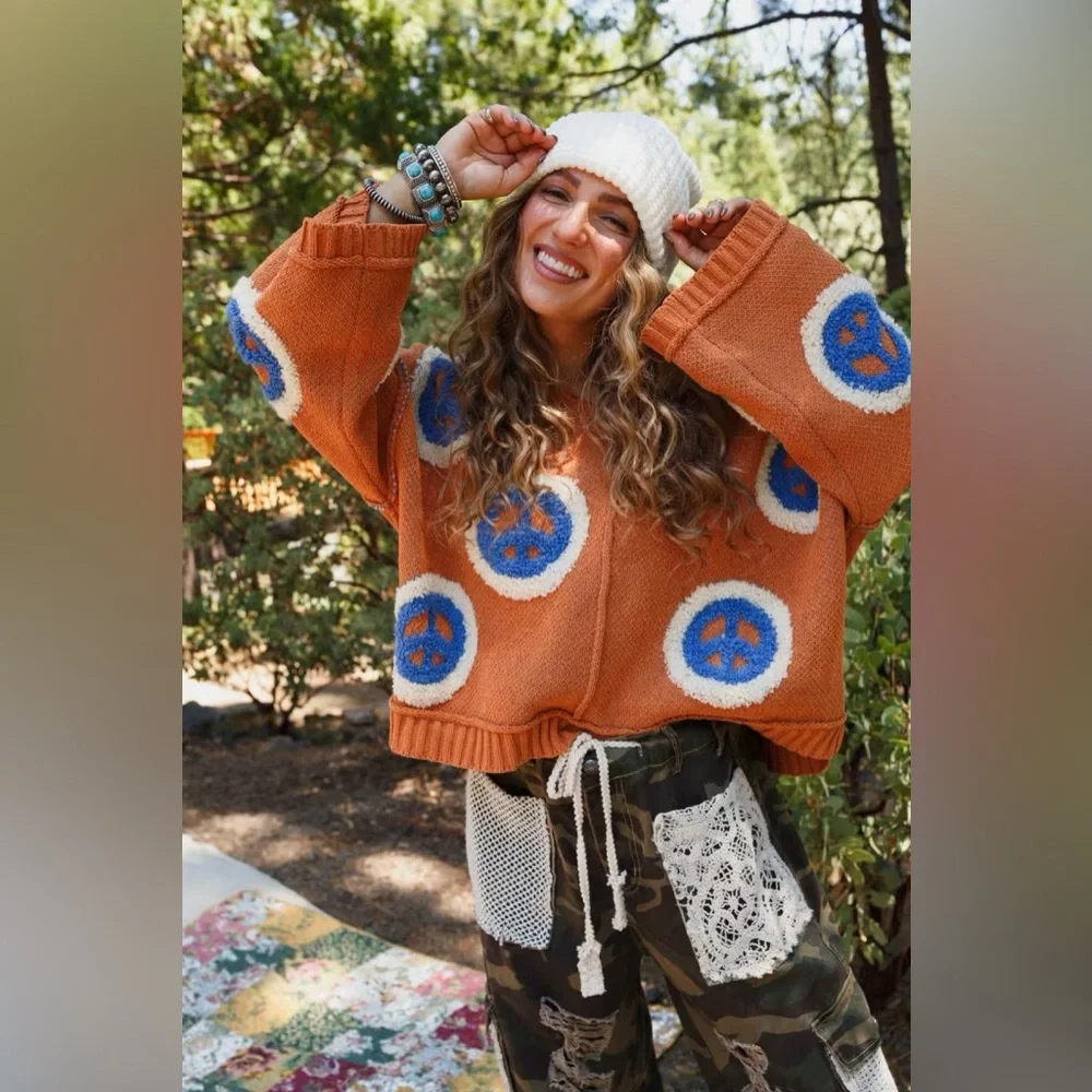 Three Bird Nest • Orange & Blue Chenille Peace Sign V Neck Sweater • Oversized - Picture 1 of 10